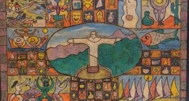 A imagem mostra uma pintura colorida que retrata o Cristo Redentor no centro, cercado por elemen...