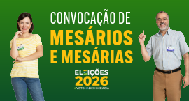 Banner de fundo verde com a mensagem central "Convocação de Mesários e Mesárias", em letras bran...