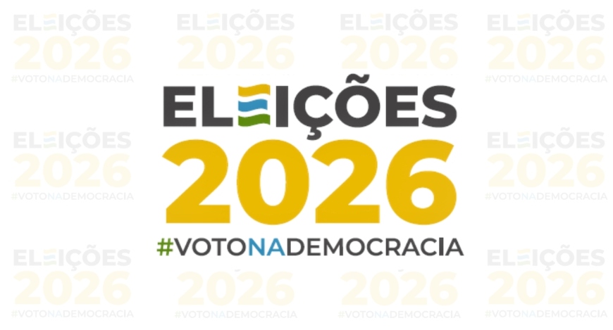 A imagem apresenta a identidade visual das Eleições 2026, com o texto "ELEIÇÕES 2026" em destaqu...