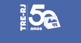 A imagem apresenta um fundo azul com um logotipo comemorativo dos 50 anos do Tribunal Regional E...