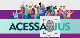 Arte do evento AcessaJus. No centro da arte, um grupo de pessoas em várias poses, algumas com os...