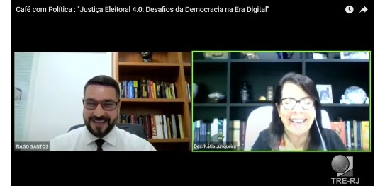 print da tela da live na qual há dois retângulos; à esquerda, o desembargador eleitoral Tiago Sa...