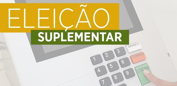 o termo eleição suplementar em verde e amarelo, ao fundo uma urna eletrônica