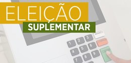 TRE-RJ: o termo eleição suplementar em verde e amarelo, ao fundo uma urna eletrônica