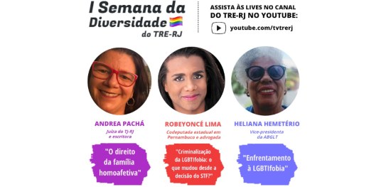 Texto "I Semana da Diversidade do TRE-RJ", com a foto dos participantes e respectivos temas de p...