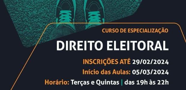 Inscrições para pós-graduação em Direito Eleitoral da EJE-RJ/Uerj vão até esta quinta (29) Arte de anúncio do curso de especialização em Direito Eleitoral. O topo da imagem mostra os pés ...