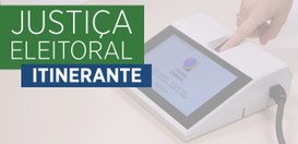Banner da logo institucional da Justiça Eleitoral Itinerante. No lado esquerdo, sobre um fundo v...