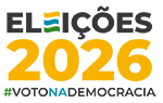 Logo com o texto: eleições 2026 #voto na democracia. Nas cores verde, azul amarelo e cinza escuro.