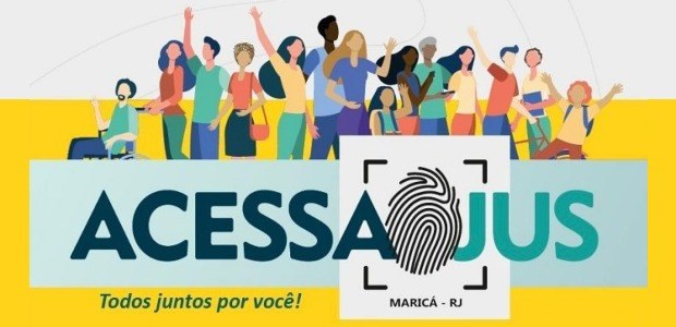 Arte do evento AcessaJus. No centro da arte, um grupo de pessoas em várias poses, algumas com os...