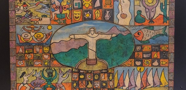 Palácio da Democracia recebe exposição do artista plástico Gerardo de Sousa A imagem mostra uma pintura colorida que retrata o Cristo Redentor no centro, cercado por elemen...