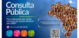 Banner institucional azul com o título “Consulta Pública” sobre metas nacionais da Justiça Eleit...