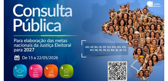 Banner institucional azul com o título “Consulta Pública” sobre metas nacionais da Justiça Eleit...