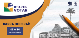 A imagem divulga a campanha #PartiuVotar do TRE-RJ e da EJE-RJ em Barra do Piraí, com datas 13 e...