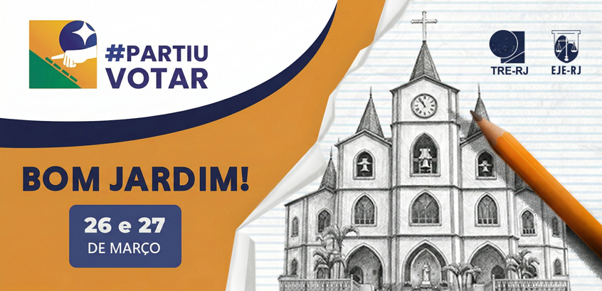 Descrição da imagem: Banner institucional da campanha #PartiuVotar”. À direita, há a ilustração ...