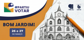 Descrição da imagem: Banner institucional da campanha #PartiuVotar”. À direita, há a ilustração ...