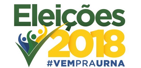 Imagem contendo os nomes "Eleições 2018" com a hashtag "Vem pra urna". Os nomes estão escritos e...