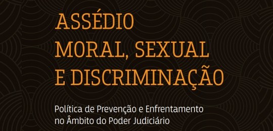Capa da cartilha disponibilizada pelo CNJ. Fundo preto com detalhes em tom de bege, formando sem...