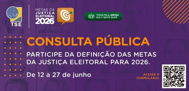 TRE-RJ: Ajude a construir as metas da Justiça Eleitoral para 2026 A imagem é uma arte com uma combinação de texto, logotipos e elementos gráficos. O destaque cent...