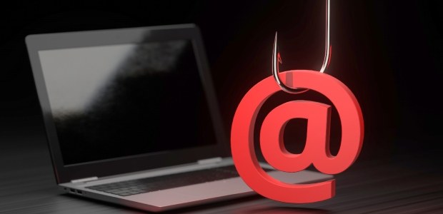 A imagem mostra um símbolo de arroba vermelho (representando e-mails) sendo fisgado por um anzol...