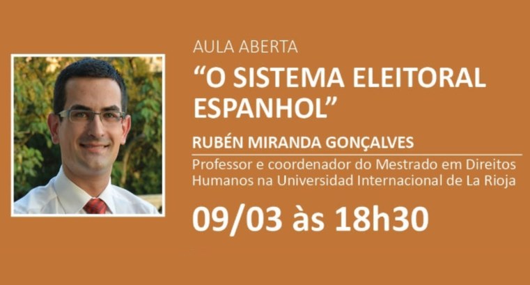 TRE-RJ Aula Aberta Sistema Eleitoral Espanhol Cartaz do evento realizado pela EJE-RJ. Fundo em tom terroso; à esquerda, foto do professor Rubé...