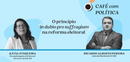 Cartaz do evento em tons de azul claro, tendo, à esquerda, a diretora da EJE-RJ, desembargadora ...