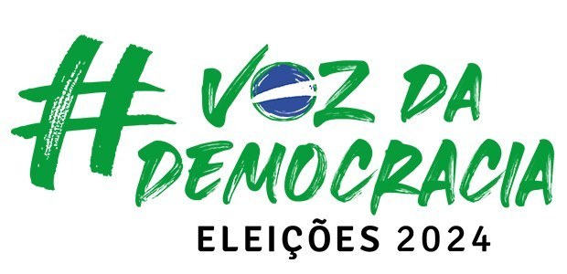 Descrição da imagem: Logo das Eleições 2024; a logo é um design verde e azul com o texto "# Voz ...