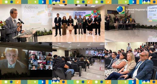 Montagem com imagens de uma audiência pública promovida pela Justiça Eleitoral, mostrando autori...