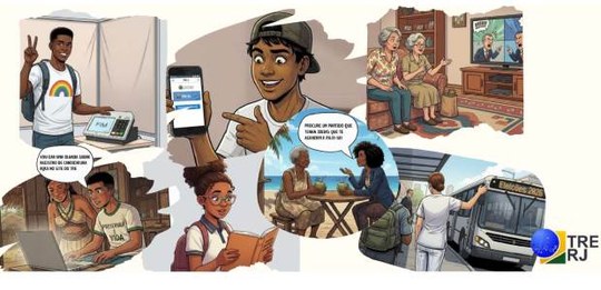 Ilustração composta por diferentes cenas relacionadas ao processo eleitoral, mostrando jovens e ...