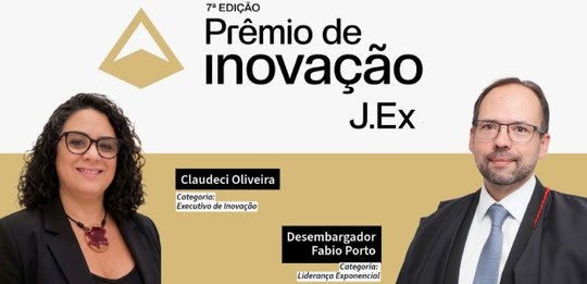 Arte de divulgação da 7ª edição do Prêmio de Inovação J.Ex, com fundo branco e dourado, apresent...