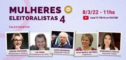 Cartaz do evento em tons de rosa e lilás. Em letras roxas lê-se "Mulheres Eleitoralistas quatro"...