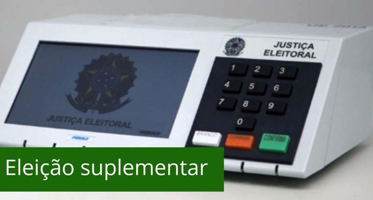 TRE-RJ Eleição suplementar Imagem de uma urna eletrônica ao fundo. Abaixo, à esquerda, em um retângulo verde lê-se "Eleição...
