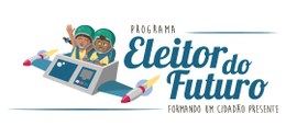 Arte do programa do Eleitor do Futuro. Arte de duas crianças, um menino e uma menina, em um aviã...