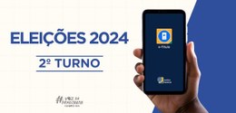 Descrição da imagem: Em um fundo bege com a borda azul, aparece escrito “Eleições 2024 -  2º tur...