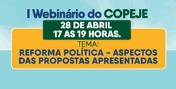 Fundo azul onde lê-se "Primeiro webinário do Copeje". Logo abaixo, em um retângulo verde, "vinte...