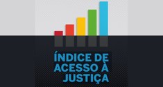 Gráfico de barras coloridas ao centro. Abaixo, lê-se "Índice de Acesso à Justiça" em letras azuis