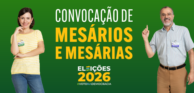 Banner de fundo verde com a mensagem central "Convocação de Mesários e Mesárias", em letras bran...