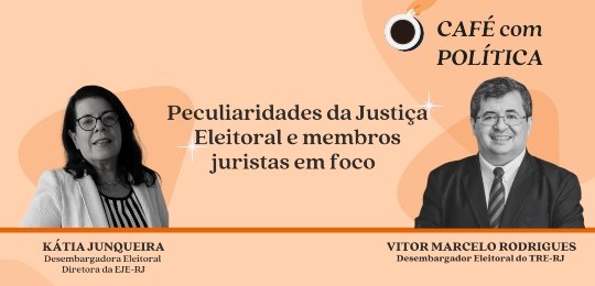 TRE-RJ live EJE-RJ Peculiaridades da Justiça Eleitoral e membros juristas em foco Cartaz do evento em tons de rosa. Do lado esquerdo, foto posada da diretora da EJE-RJ, desembarg...