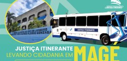 Num fundo verde, um ônibus, nas cores branca e azul, ocupa a maior parte da imagem; na lateral d...