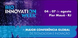 Banner do evento "Rio Innovation Week", a maior conferência global de tecnologia e inovação. A i...