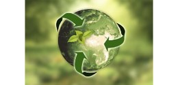 Arte do planeta Terra, em verde, sendo envolvido por três setas verdes  que convergem para uma p...