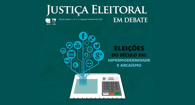 Arte do volume 10, número 2 da revista "Justiça Eleitoral em Debate". Urna eletrônica de onde sa...