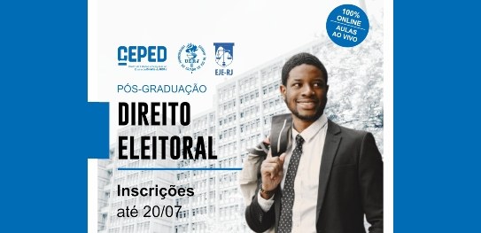 TRE-RJ segunda turma da pós-graduação em Direito Eleitoral da EJE em parceria com a Uerj Fachada da Uerj ao fundo, como marca d'água; ao centro lê-se em letras pretas "Direito Eleitoral...