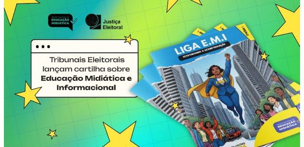 TRE-RJ Tribunais Eleitorais lançam cartilha sobre Educação Midiática e Informacional Arte sobre a cartilha Educação Midiática e Informacional. À esquerda, há um quadro com o texto "...